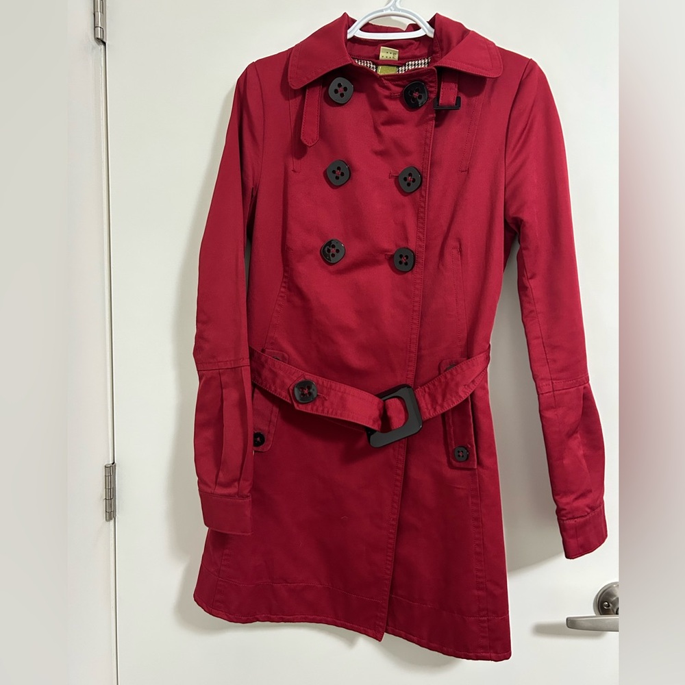 Soia and Kyo Red Trench Coat Size Small Belted with Houndstooth Lining